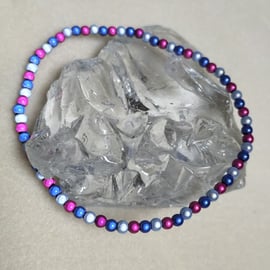 AL122c Pink, blue and silver miracle bead anklet, 11.5"