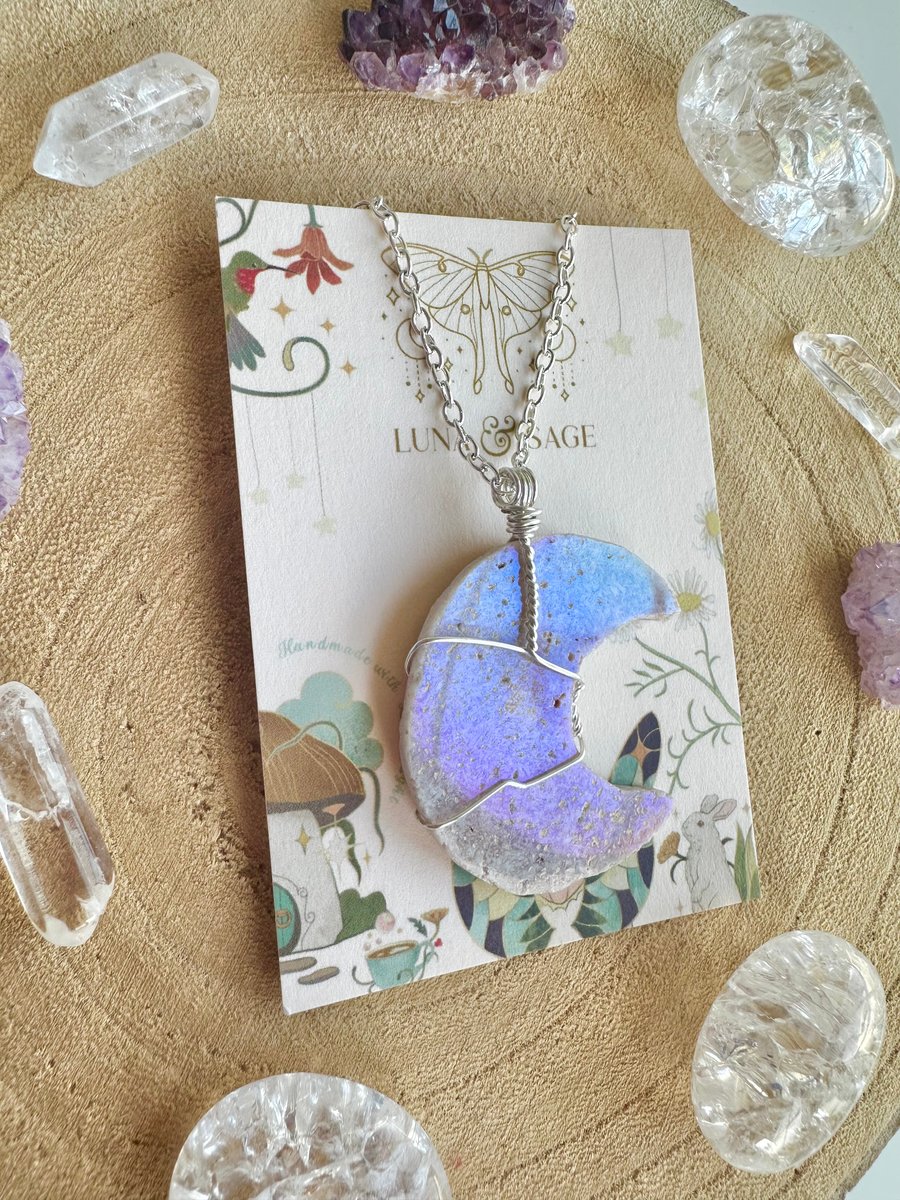 Angel Aura Pink Amethyst Moon Crystal Necklace,Sterling Silver, Moon lover gift 