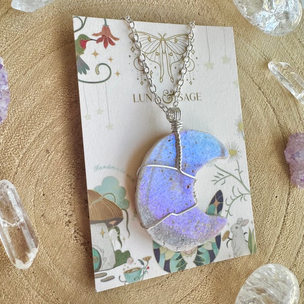 Angel Aura Pink Amethyst Moon Crystal Necklace,Sterling Silver, Moon lover gift 