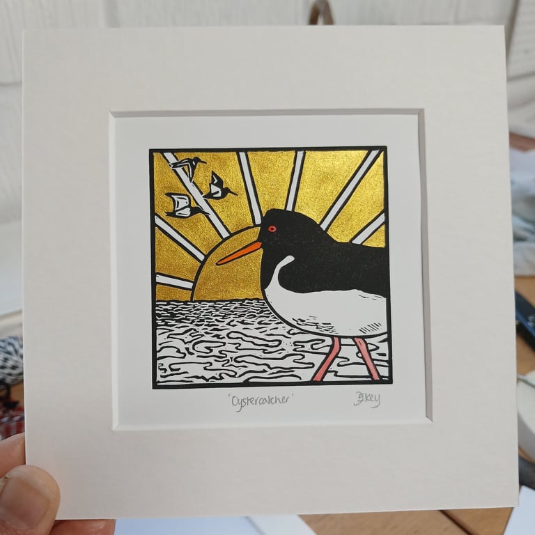 Oystercatcher - original, hand painted, mounted linocut print