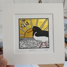 Oystercatcher - original, hand painted, mounted linocut print