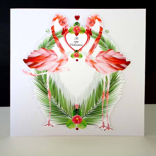 A Valentine's Flamingo and Palm Card