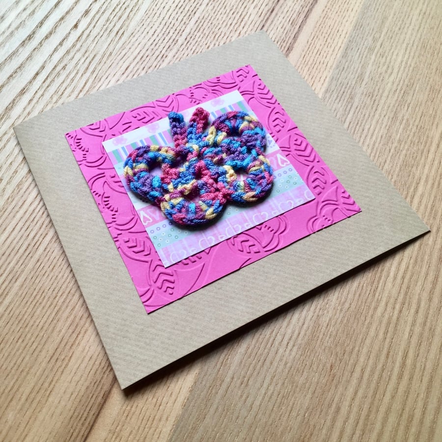 Pink and Rainbow Crochet Butterfly Greetings Card