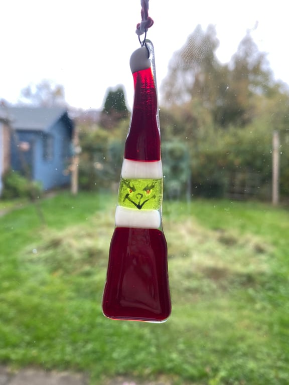 Fused Glass Grinch Christmas Ornament 