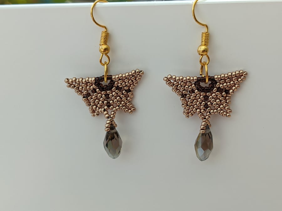 Gold and bronze butterfly beaded earrings with crystal 