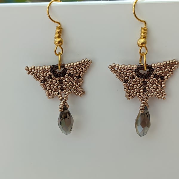 Gold and bronze butterfly beaded earrings with crystal 