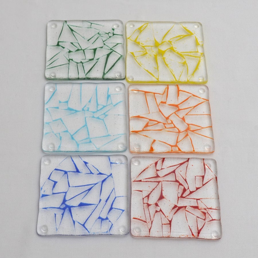 Set of 6 glass coasters in a rainbow of colours
