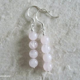 Baby Pink Rose Quartz Round Stack Sterling Silver Drop Earrings