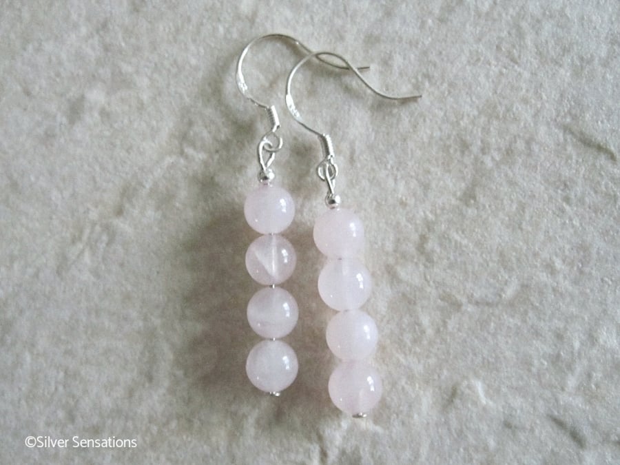 Baby Pink Rose Quartz Round Stack Sterling Silver Drop Earrings