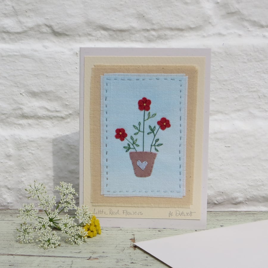 Miniature applique, Little Red Flowers hand-stitched card, pretty and delicate