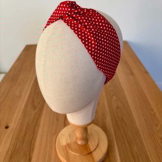 Cotton headband, twist knot style hairband in red with white stars