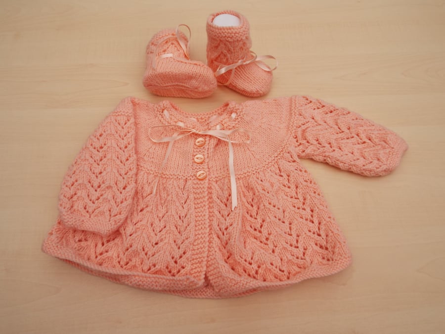 Hand knitted baby cardigan and booties set 0 - 3 months peach