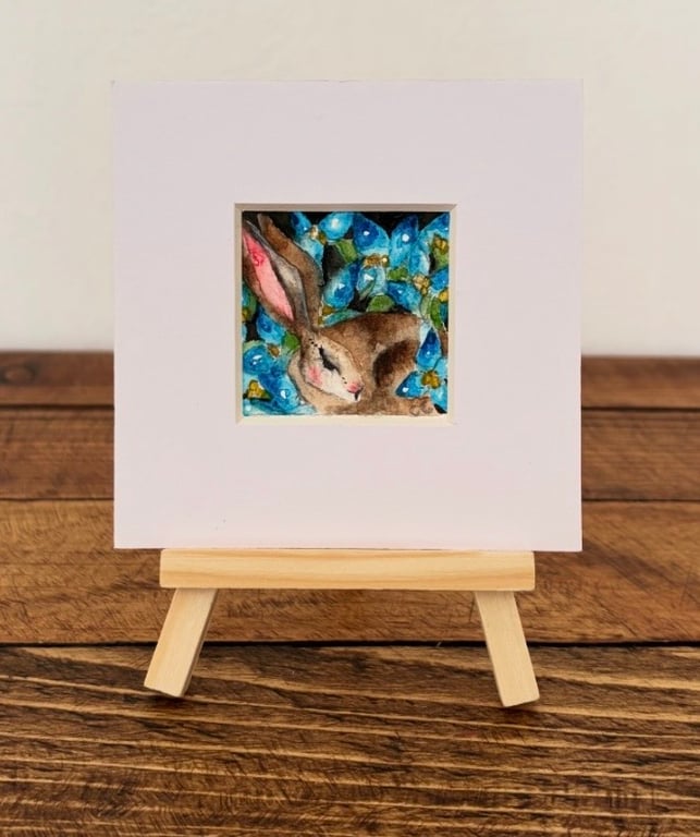 ACEO Original Resting Hare Rabbit with Blue Flowers Watercolour 