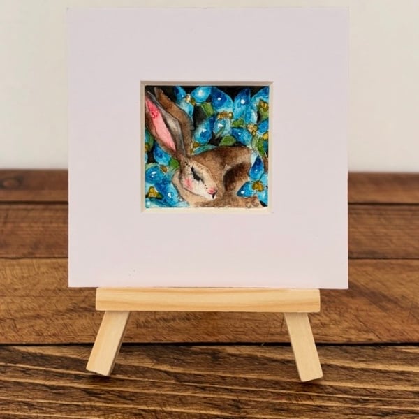 ACEO Original Resting Hare Rabbit with Blue Flowers Watercolour 