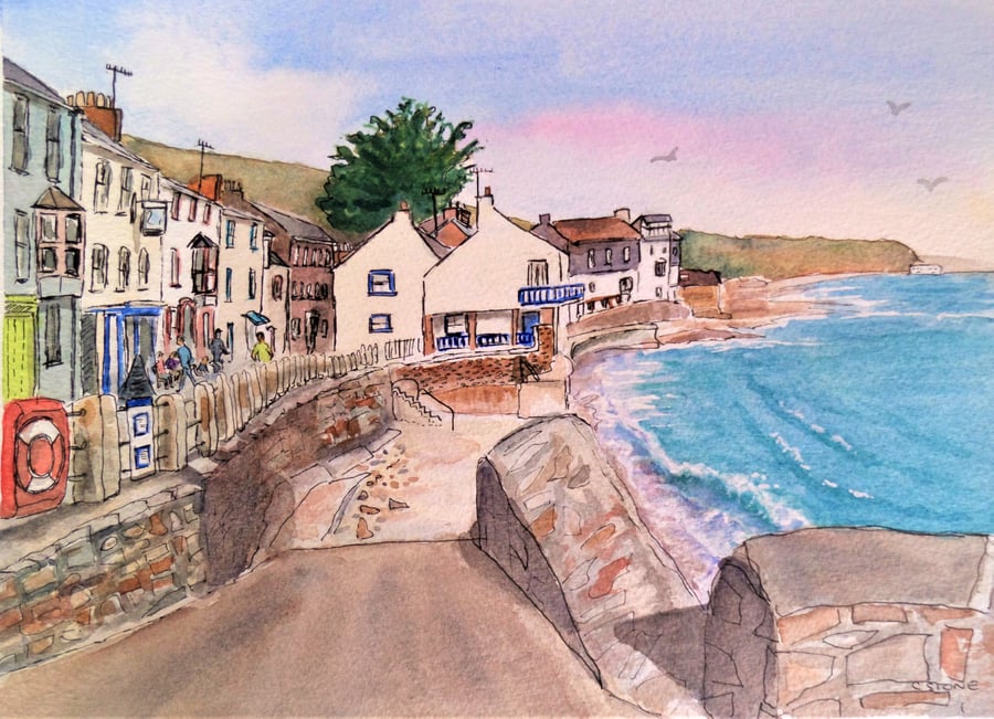 Watercolour pen and wash painting, Kingsand, Cornwall, The Cleave and beach