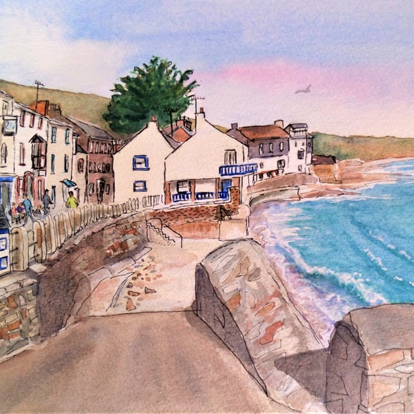 Watercolour pen and wash painting, Kingsand, Cornwall, The Cleave and beach