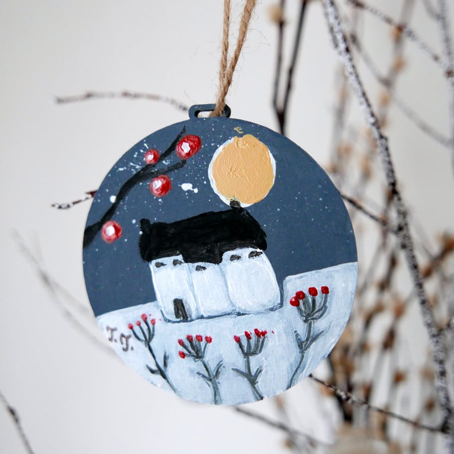 SALE Grey Christmas Decoration, Cottage Bauble, Housewarming Gift, Landscape
