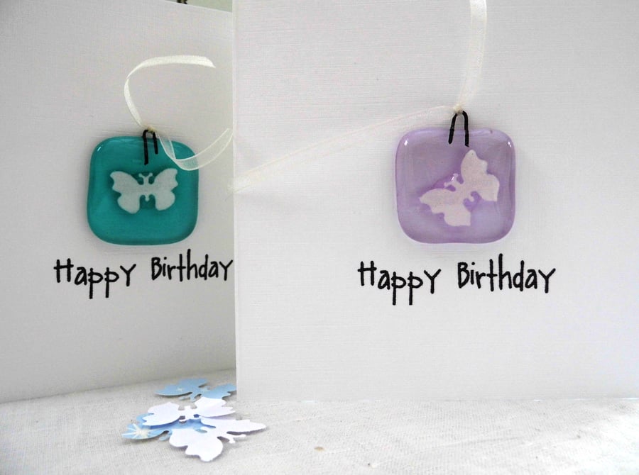 birthday card with fused glass butterfly hanger