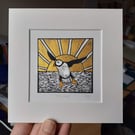 Puffin away - original, hand painted, mounted linocut print