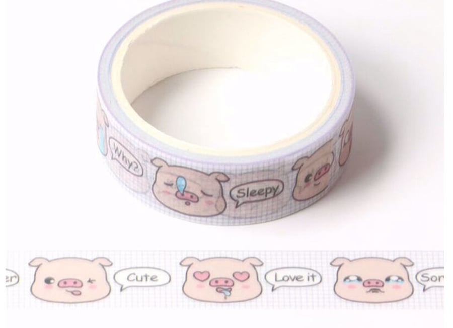 Kawaii Pig, Decorative Washi Tape, Cards, Crafts,Tape, pig emoji & text bubbles 