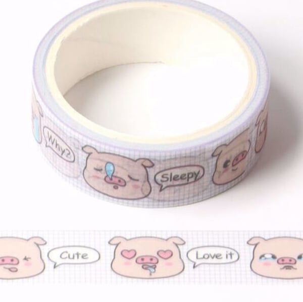 Kawaii Pig, Decorative Washi Tape, Cards, Crafts,Tape, pig emoji & text bubbles 