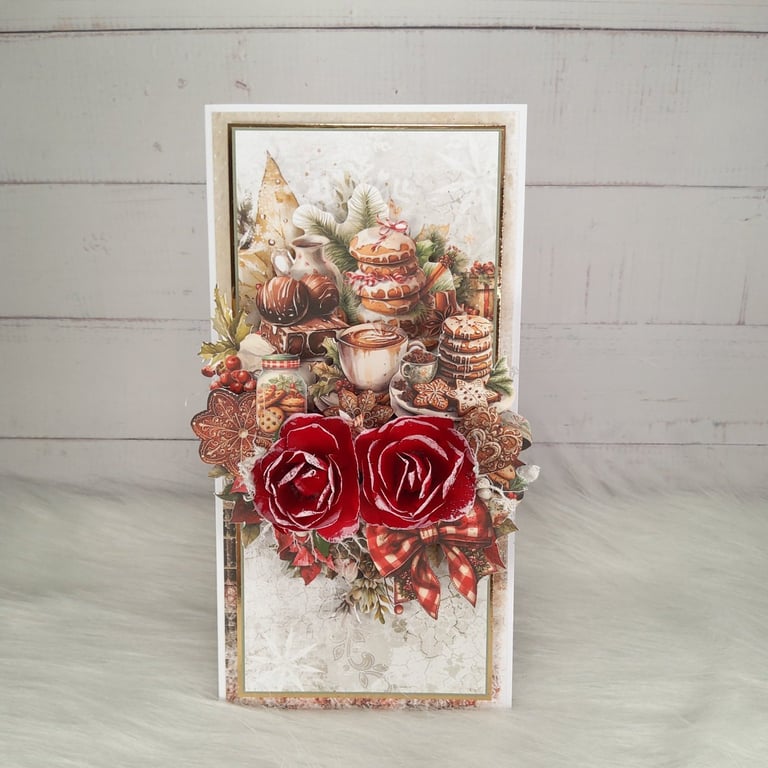 Handmade 3D Christmas Card.Christmas Baking & Red Roses. Luxury Festive Card(10)