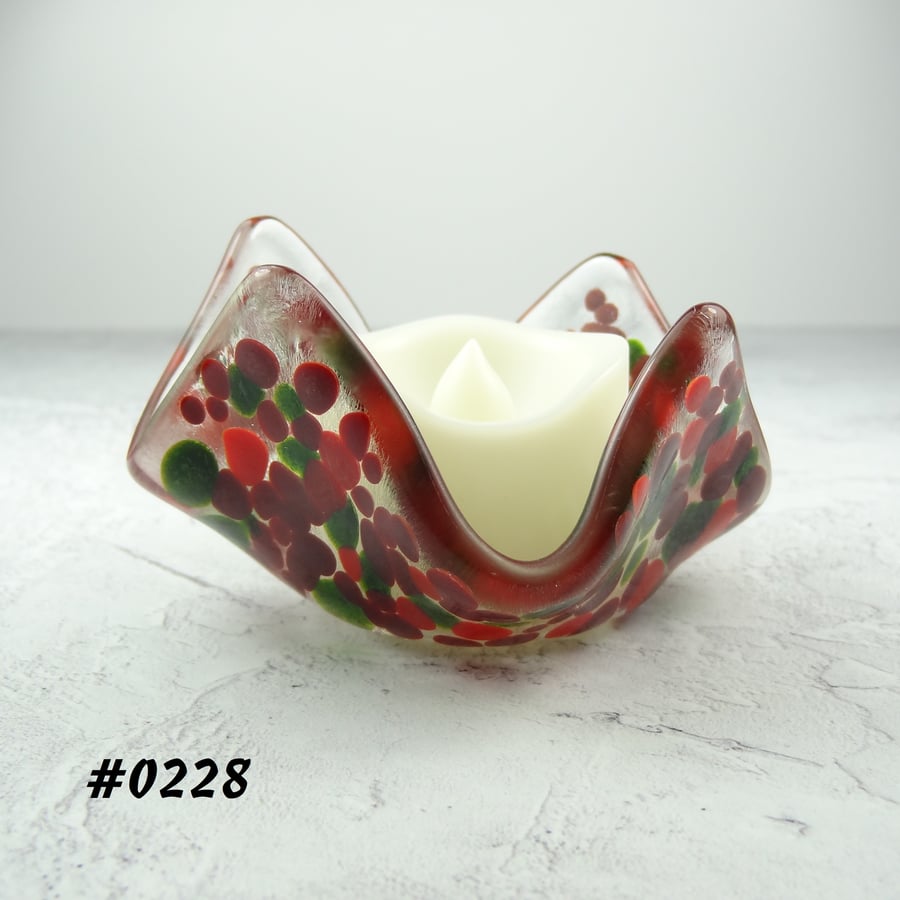 Red and green fused glass tealight holder LED flickering flame candle (228)