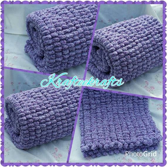 Purple Pompom Babies Blanket, hand-knitted