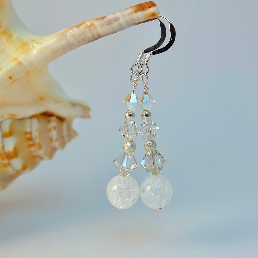 Crackle Quartz, Crystal & Sterling Silver Earrings, Anniversary, Bridesmaid Gift