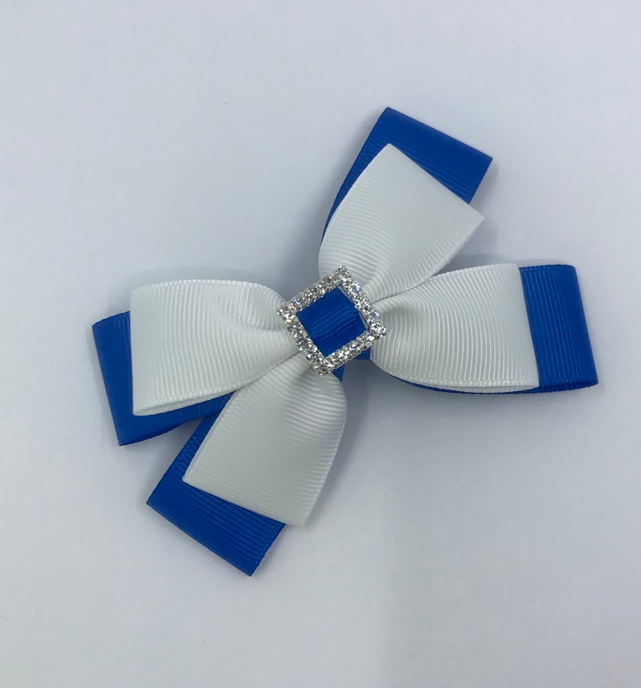 Royal Blue and White Double Layer Bow on Clip