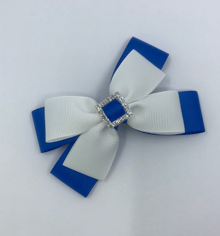Royal Blue and White Double Layer Bow on Clip