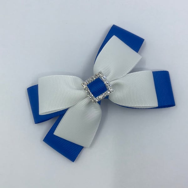 Royal Blue and White Double Layer Bow on Clip