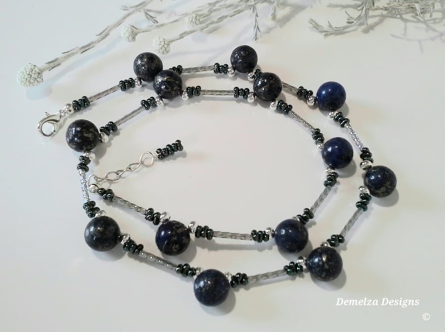 Lapis Lazuli Gemstone Rounds and Seed Bead Necklace