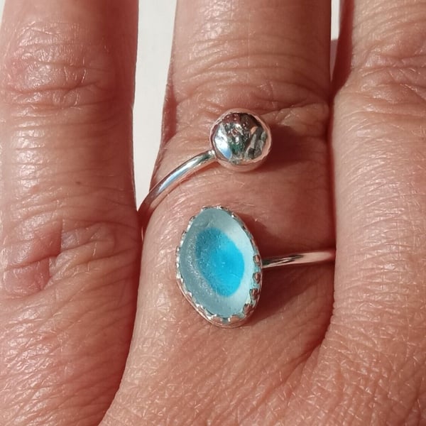 Recycled Sterling Silver & White & Blue Seaham Seaglass Adjustable Ring in Box