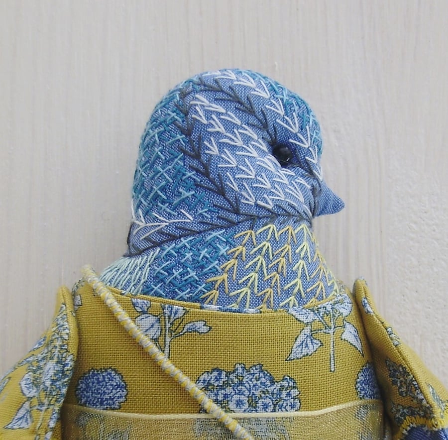 Elwine - A Hand Embroidered Blue Tit Folk Art Doll