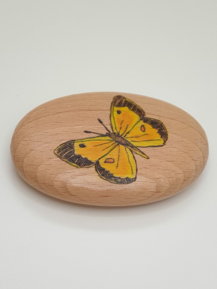 Pyrography butterfly decorated wooden pebble, clouded yellow butterfly 