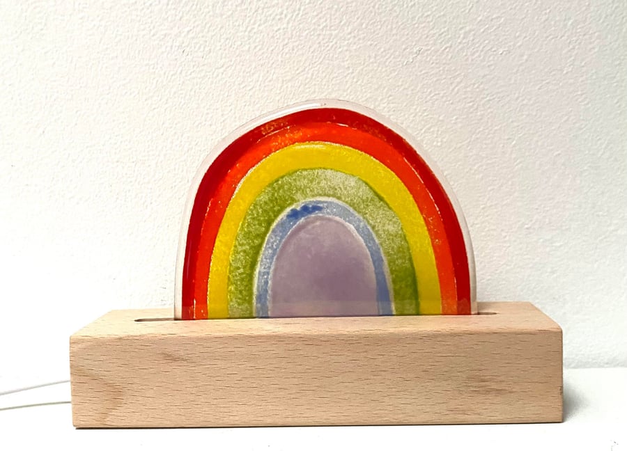 Fused Glass Rainbow LED Light in freestanding wooden stand 