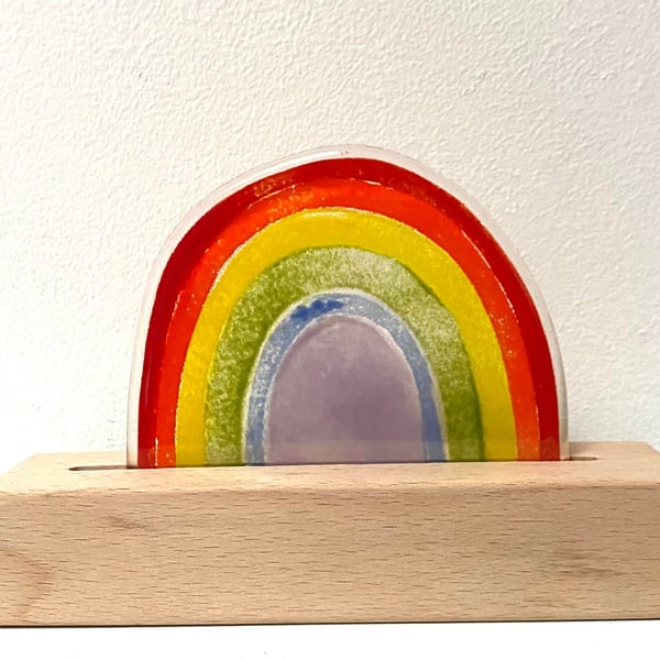 Fused Glass Rainbow LED Light in freestanding wooden stand 