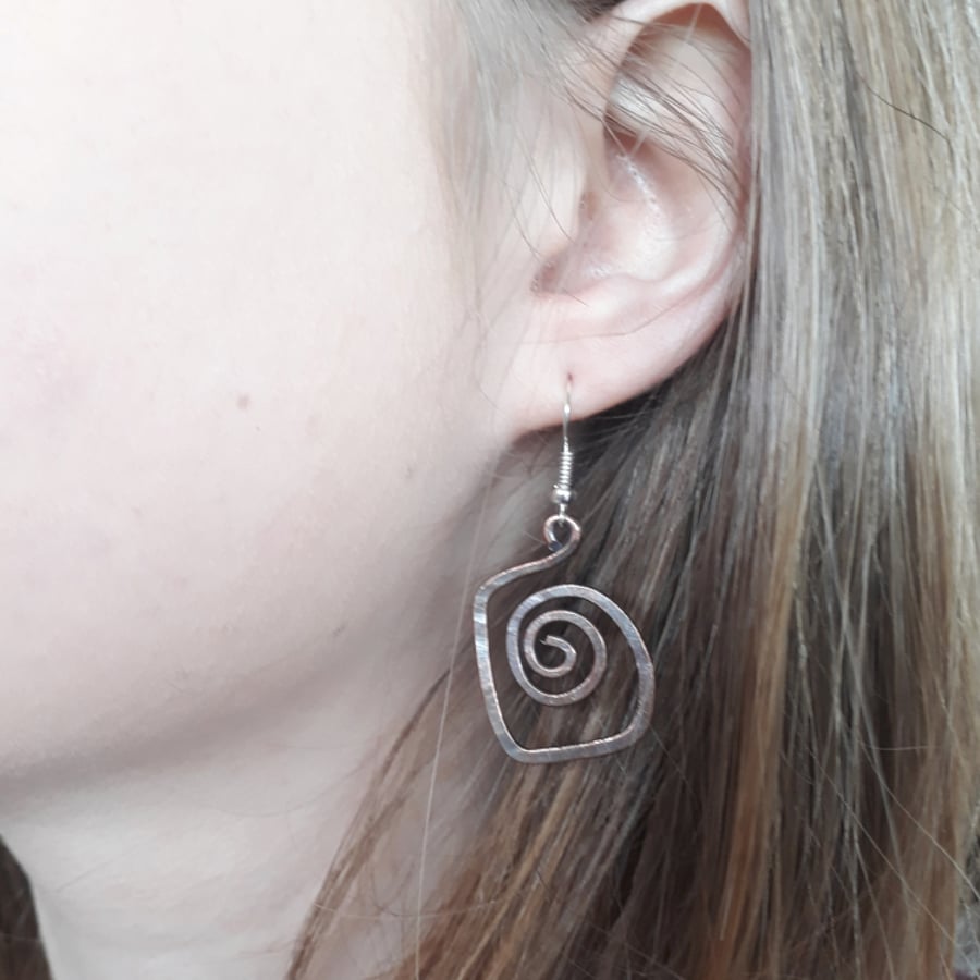 Square Spiral Copper Earrings, Boho Rustic Festival Jewellery for Women