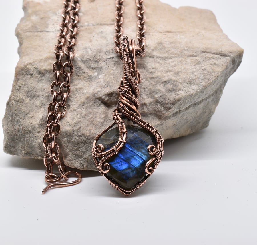 Wire Wrapped Faceted Blue Labradorite and Copper Pendant