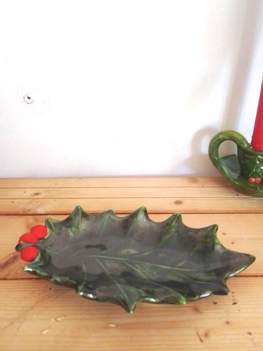 Ceramic seconds Holly leaf dish, Christmas holly dish seconds pottery