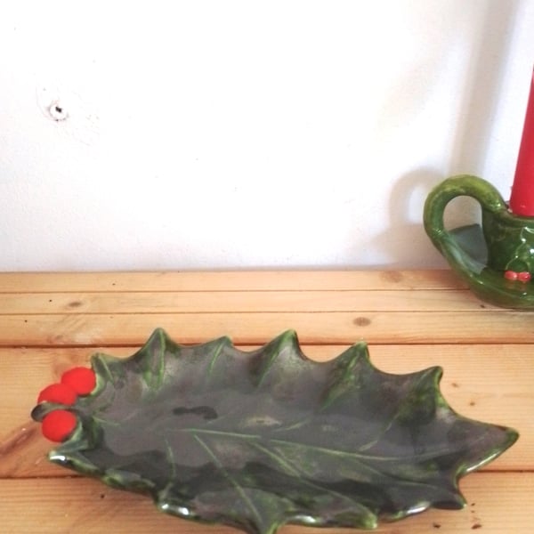 Ceramic seconds Holly leaf dish, Christmas holly dish seconds pottery
