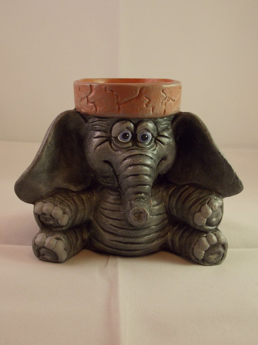 Ceramic Hand Painted Grey Elephant Animal Figurine Plant Pot Candle Holder.