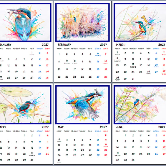 2027 Calendar Kingfisher A4 Page Per Month Paint Splashes 