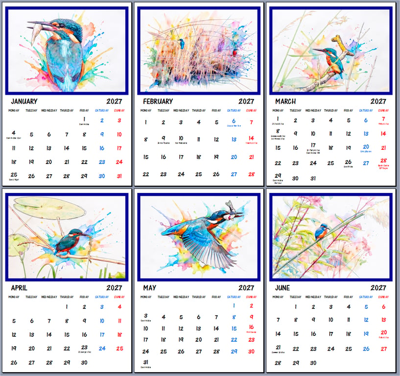 2027 Calendar Kingfisher A4 Page Per Month Paint Splashes 