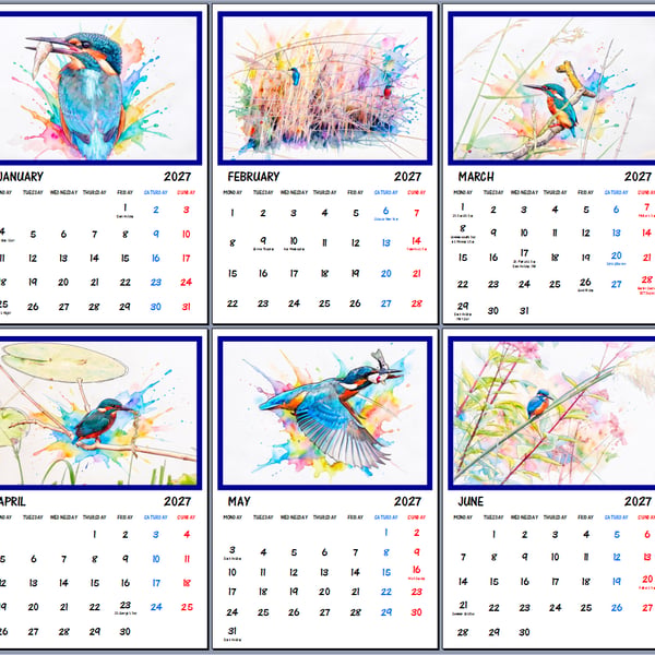 2027 Calendar Kingfisher A4 Page Per Month Paint Splashes 