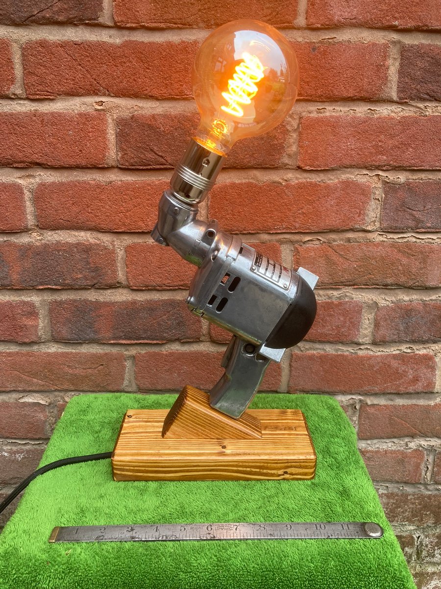 Industrial Polished Aluminium Table Lamp, Repurposed Vintage Wolf Electric Drill