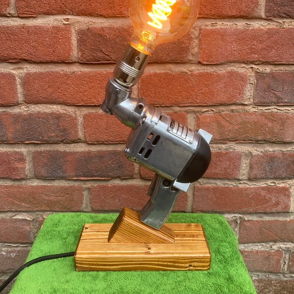 Industrial Polished Aluminium Table Lamp, Repurposed Vintage Wolf Electric Drill