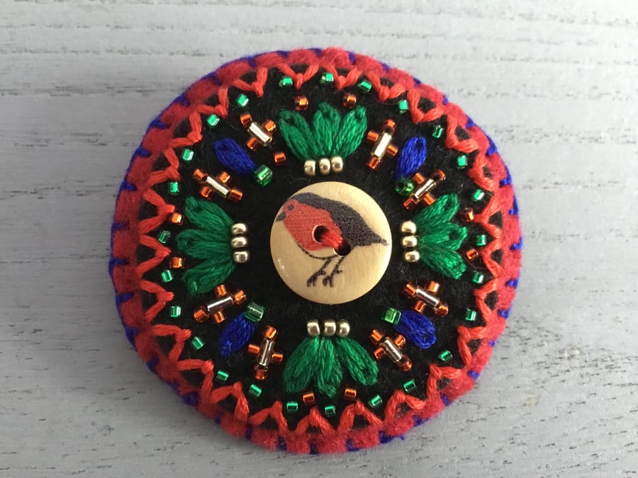 Hand Embroidered Festive Robin Brooch
