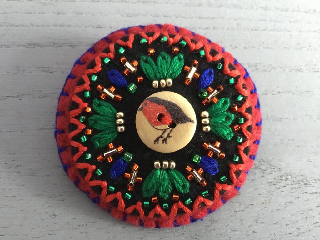 Hand Embroidered Festive Robin Brooch